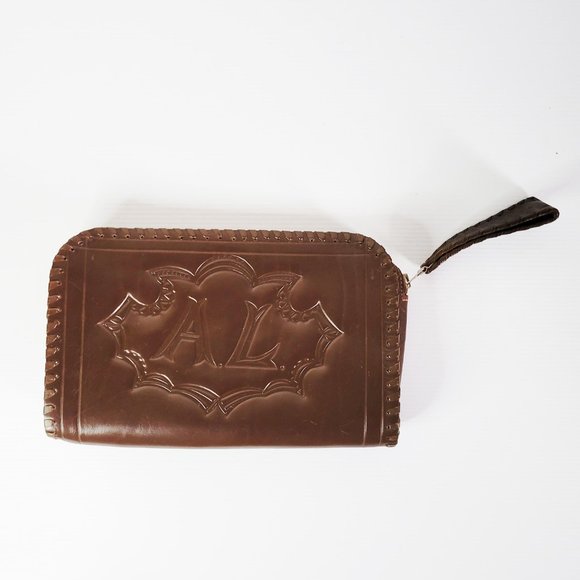 Vintage Tooled Leather Wristlet Bag, Brown Leather Bag, Heavy Leather Hippie Bag - Picture 1 of 7